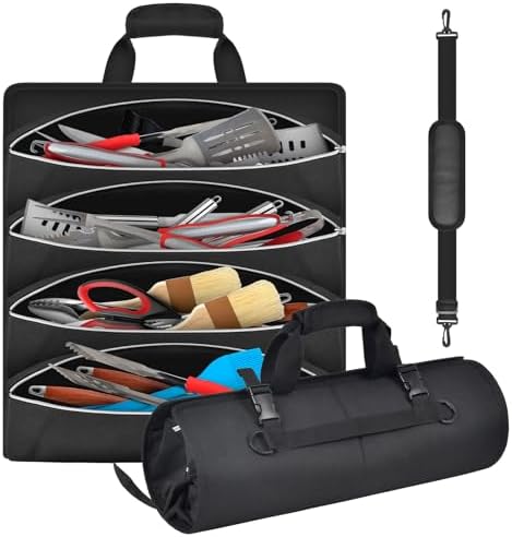 Grill Tool Accessory Storage Bag Roll Up, BBQ Tools Carry Orangizer Case for Grilling Utensil, Large Oxford Cloth Griddle Classifiable Holder for Outdoor Camping Barbecue Hiking Picnic Trip(Box Only) by SAIKA
