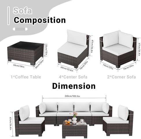 LEVELEVE 7-Piece Outdoor Patio Furniture Sets, Manual Weaving Rattan Conversation Sectional Sofa with Tempered Glass Coffee Table, All-Weather PE Wicker & Thick Cushions for Garden, Backyard, Porch - Image 6
