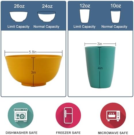 Wrova 40Pack plates and bowls sets for kids - Unbreakable wheat straw dinnerware sets service for 8 - Alternative plastic 40pcs dish sets for kitchen, camping and indoors dinning - (Colorful) - Image 3
