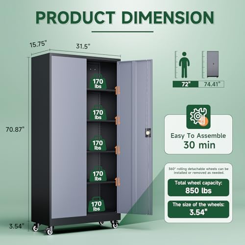 Letaya Metal Garage Storage Cabinets with Lock Door and Adjustable Shelves, Steel Tool Cabinets for Home,Office,Warehouse Organisieren (Black Grey, 74.41" H) - Image 3