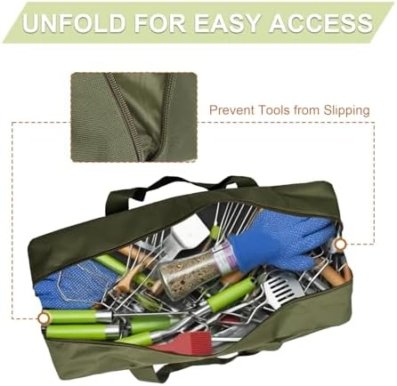 22" Upgraded Grill Tools Storage Bag, BBQ Utensil Holder with Pockets, Carry Bag for Outdoor Camping & Hiking BBQ, Gift for Men, Green - Image 3