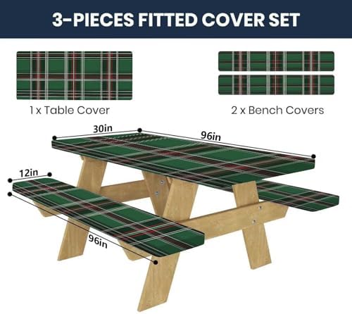 CAPSCEOLL Picnic Table Cover with Bench Covers 8ft - Green Buffalo Plaid - Image 2