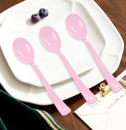 SietDESEO 50 PCS Light Pink Plastic Spoons Disposable Utensils Heavy Duty Baby Pink Spoons Disposable Cutlery for Birthday Wedding Baby Shower Bridal Shower Plastic Silverware - Image 5