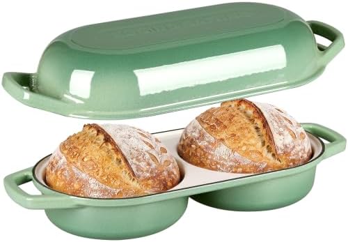 EDGING CASTING Enameled Cast Iron Double Bread Dutch Oven, Sage Green by EDGINGCOOKWARE