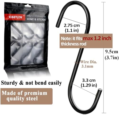 ESFUN 30 Pack 3.7 inch Length S Hooks Black Steel S Shaped Hooks for Hanging Jeans Pans Pots Plants Bags Towels Kitchen Closet Hooks Hanger, Fit the Rod Dia Less Than 1.2 inches - Image 2