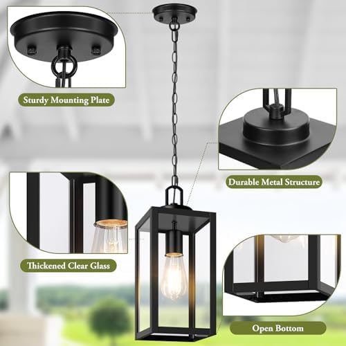 BesLowe Outdoor Pendant Light, Modern Hanging Lantern for Porch, Black - Image 7