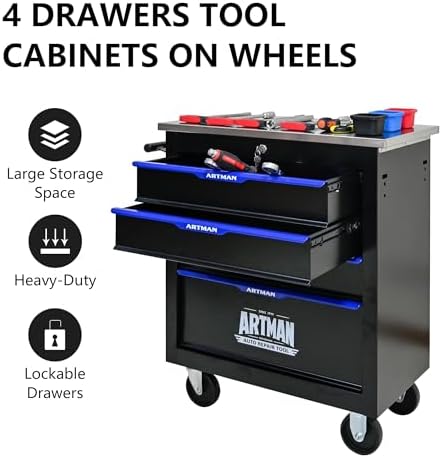 4-Drawer Heavy-Duty Rolling Steel Tool Cart with Handle&Wheels, Metal Storage Organizer Cabinet, Tool Chest for Efficient Tool Storage in Garage, Warehouse, Workshop, Repair Shop, Blue - Image 6
