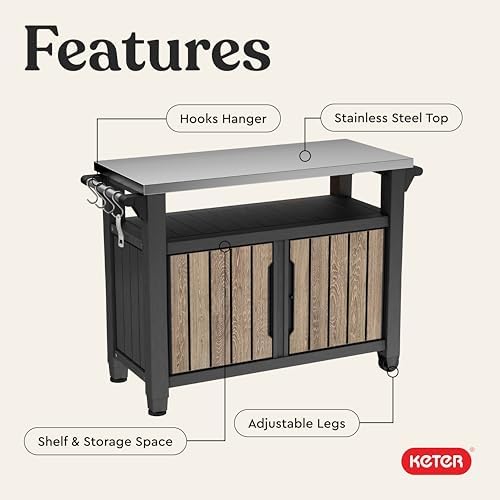 Keter Unity XL Outdoor Entertainment Cart with Wood‑Look Finish, 78‑Gallon Patio Storage Cabinet, Food Prep Station, Stainless‑Steel Top for BBQ, Grill, Patio, Deck & Backyard, Ashwood - Image 4