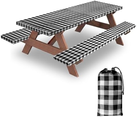 6ft 72" Picnic Table and Bench Cover, 3 Pack, Black-White Checkered by KENOBEE
