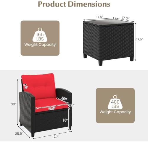 RELAX4LIFE 3-Piece Patio Furniture Set - Wicker Rattan Bistro Sofa Set w/Glass Top Coffee Table, Washable Cushions for Porch Balcony Backyard Poolside, Outdoor Furniture Conversation Set (Red) - Image 3