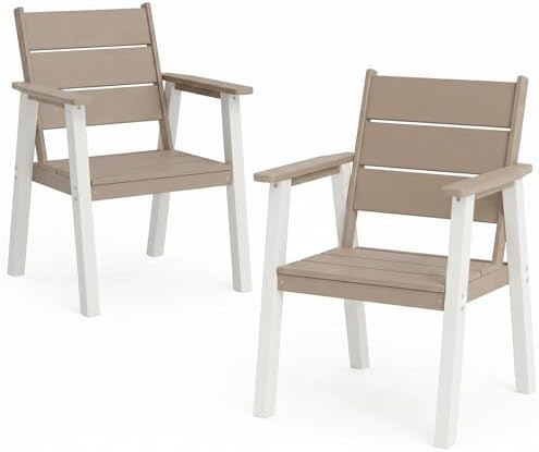 Outdoor Dining Chairs Set of 2,HDPE Patio Chairs with Wide Seat,Ergonomic Design Outdoor Furniture for Porch,Backyard,Deck,White Brown by Polyhouz