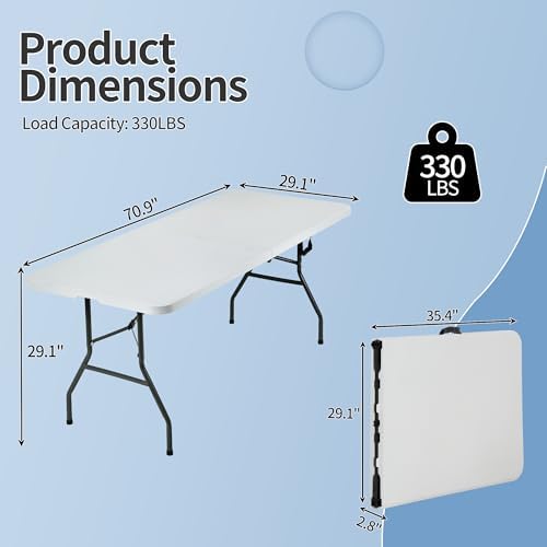 HKLGorg 6ft Folding Table, White Plastic Foldable Party Dining Table - Image 3