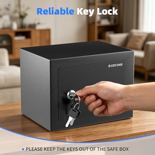 CDC DIGI Safe Box, Steel Security Safe Lock Box with Key Lock, Safe Box for Home, Office, Money, Jewelry, Documents and Valuables, 0.23 Cubic Feet, 9.06" W x 6.69" D x 6.69"H（Black） - Image 5