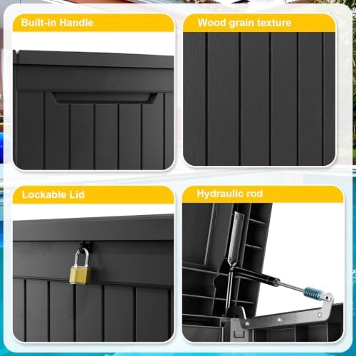 PatioZen 281 Gallon Outdoor Deck Box,Waterproof Resin Outdoor Storage Boxes, Outside Storage Lockable Container for Garden Tools,Indooor Cushions,Accessories (Black) - Image 4