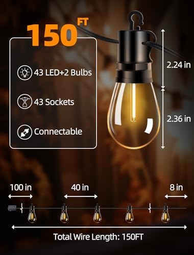 Outdoor Patio String Lights: S14 Shatterproof Bulb Outside Waterproof Light - 150FT 45M Remote Dimmable Connectable Hanging Outdoor Electric Lighting - Garden Backyard Yard Gazebo Porch Party - Image 6