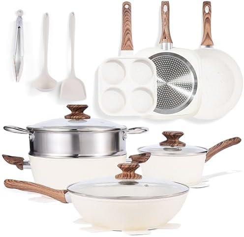 Simple Deluxe 17Pcs Ceramic Cookware Set, Nonstick & Non-Toxic Healthy Pots and Pans, Heat-Resistant Handles, Induction Cookware Sets with Frying Pans, Beige by SimpleDeluxe