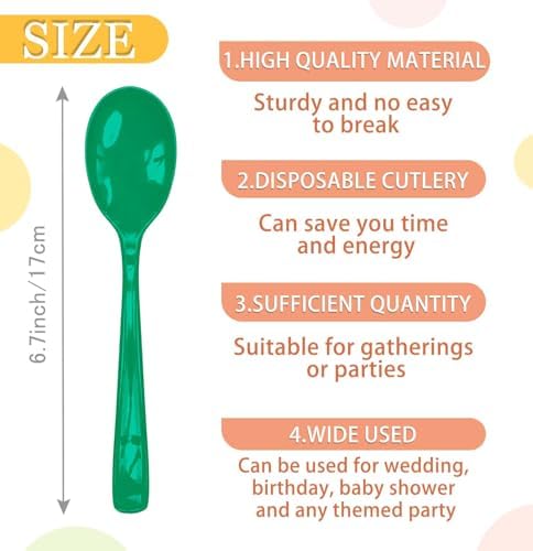 SietDESEO 50 PCS Green Plastic Spoons Disposable Utensils Heavy Duty Green Spoons Disposable Cutlery for Birthday Wedding Baby Shower Bridal Shower Plastic Silverware - Image 3