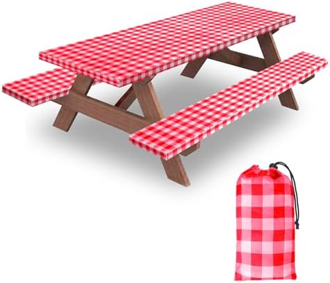 8ft 96in Picnic Table and Bench Cover, 3 Pack, Red-White Checkered by KENOBEE