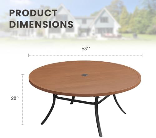 Outdoor Dining Table for 8, 63" Round Outdoor Table with Adjustable Umbrella Hole, All-Weather Metal Patio Dining Table for Lawn Garden Backyard Deck, Walnut - Image 2