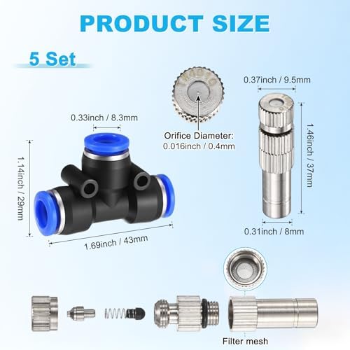 M METERXITY 5-Set Brass Misting Nozzles Tees Kit, 0.016"/0.4mm Orifice Mister Replacement Nozzles with Filter Mesh for Outdoor Cooling System/Greenhouse, Water Misting Nozzle Tees Kits - Image 3