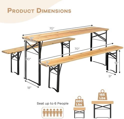 NAFORT 6FT Picnic Table Set, 3-Piece Folding Beer Table & Bench, Portable Wooden Picnic Tables for Outdoors Dining Table Set w/Metal Frame for Patio Garden - Image 3