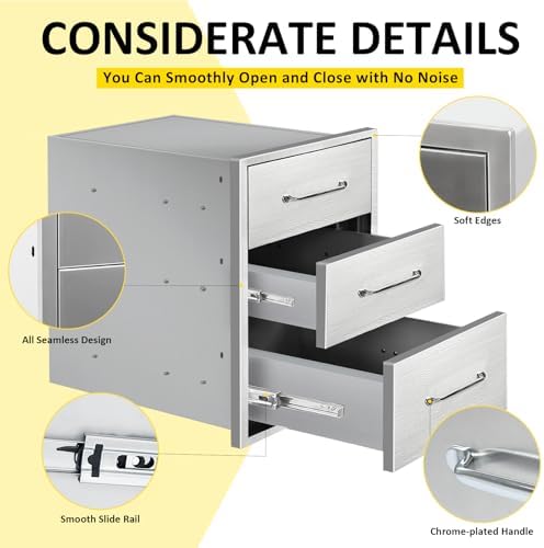 Outdoor Kitchen Drawers 16" W x 21" H x 23" D Flush Mount Triple BBQ Drawers with Chrome Handle Stainless Steel Drawer for Outdoor Kitchen Island, Patio Grill Station - Image 4