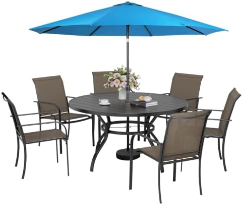Incbruce 8 PCS Patio Dining Set with Sky Blue Umbrella, Outdoor Dining Set of 6 Textilene Chairs and 53" Round Table with Umbrella Hole for Backyard, Garden, and Poolside (Brown) by Incbruce