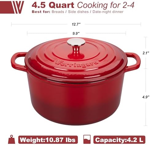 VORRINGARD Enameled Cast Iron Dutch Oven Pot with Lid, for Sourdough Bread Baking, Round Dutch Ovens, 4.5 Quart, Red - Image 2