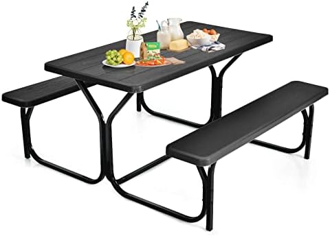 ORALNER Picnic Table, Resin Dining Table & 2 Benches Set, Weather Resistant Wood Grain Tabletop & Steel Frame, Plastic Picnic Tables for Outdoors, Porch Yard Patio Lawn Party Camping (Black) by ORALNER