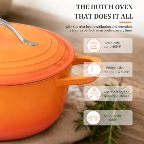 Winado 7.5 Qt Enameled Cast Iron Dutch Oven Pot with Lid, Orange Ombre - Image 6