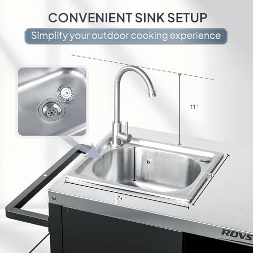 ROVSUN Outdoor Grill Cart with Sink, 304 Stainless Steel Sink, Propane Tank Storage, Rolling Kitchen Prep Table with Cabinet, Paper Rack & Rubbish Rack - Image 3