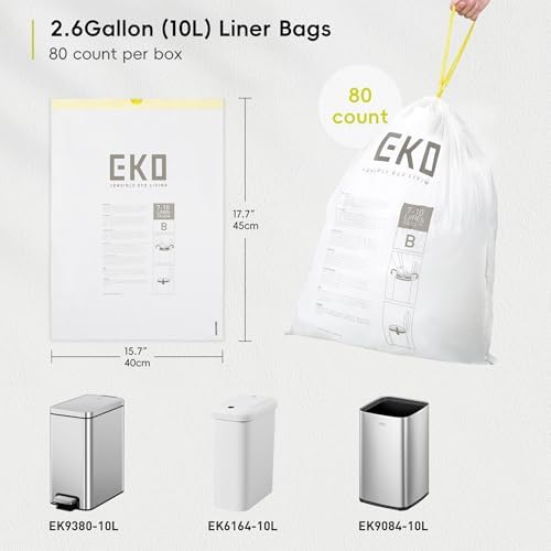 EKO 2.6 Gallon / 7-10 Liter, 80 Count Small Drawstring Trash Bags, Extra-Strong Unscented Garbage Bags, Easy-Dispense Roll for Kitchen & Household Use, Resists Tears, Leaks and Punctures, Code B White - Image 5