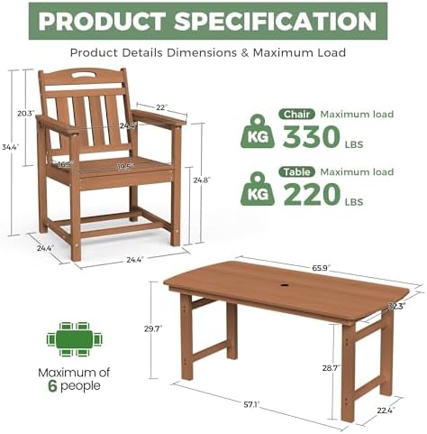 HDPE Outdoor Dining Set, Patio Table and 4 Chairs, 2" Umbrella Hole, Teak - Image 2