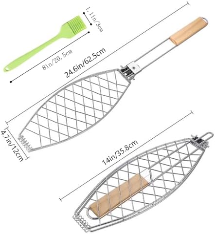 Fish Grilling Basket Fish Holder Kabob Salmon Shrimp Seafood Cage Rack with Oil Brushes - Image 2