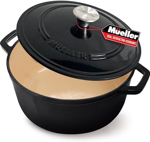 MUELLER HOME 7.5 QT Enameled Cast Iron Dutch Oven, Heavy-Duty, Oven-Safe up to 500° F & Across All Cooktops, Casserole Dish and Braiser Pan with Lid and Stainless Knob, Black by MUELLERHOME