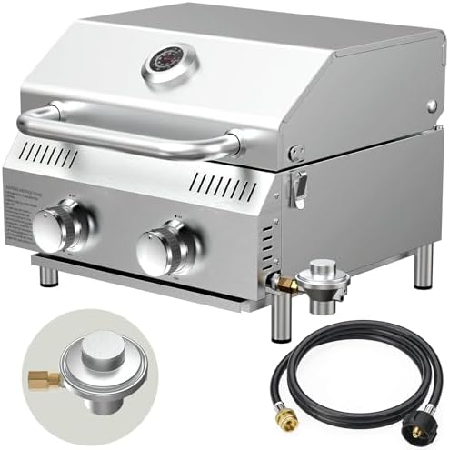 Bestfire 2-Burner Tabletop Propane Gas Grill, Dual Connections, 20,000 BTU Stainless Steel Portable Grill, Fits Large Gas Cylinders/Small Canisters, for Camping, RV, Outdoor BBQ by GrillsOutdoorCooking