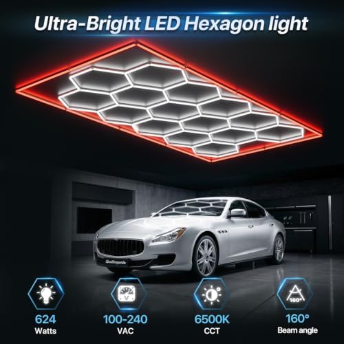 HYPERLITE Gen II Hexagon Garage Lights: 15 Grids with Border DIY Hexagon Led Lights, 6500K Ultra Bright, Easy Install Hex Light, Durable Design for Garage, Car Detailing, Workshops, Gym(Red) - Image 2