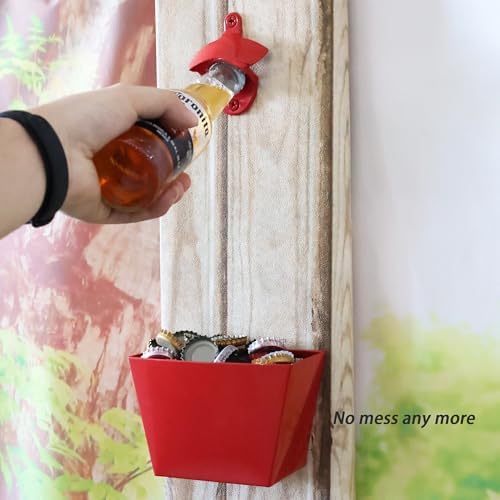 Red Bottle Opener Wall Mounted and Cap Catcher with Drain Holes - Image 3