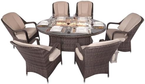 Brown Rattan 6 Seat Patio Furniture Oval Fire Pit Dining Table with Chairs by Unknown