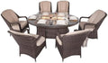 Brown Rattan 6 Seat Patio Furniture Oval Fire Pit Dining Table with Chairs by Unknown