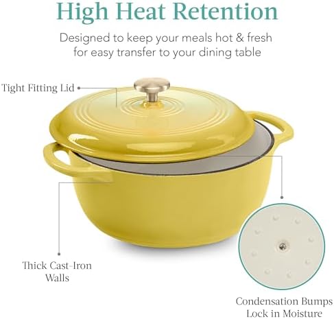 Best Choice Products 7.5 Quart Enamel Cast-Iron Round Dutch Oven, Family Style Heavy-Duty Pre-Seasoned Cookware for Home, Kitchen, Dining Room, Oven Safe w/Lid, Dual Handles - Lemon Meringue - Image 5