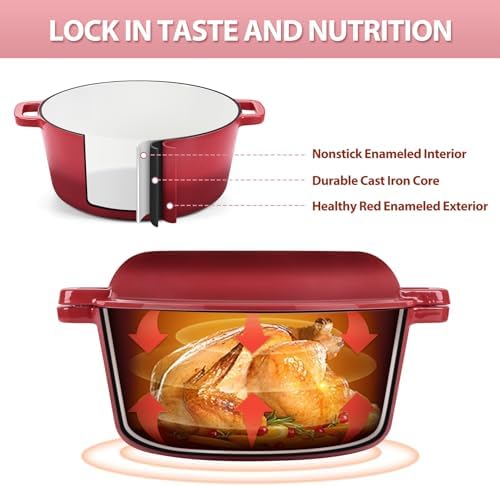 TeamFar 5qt Dutch Oven, Pre-seasoned Cast Iron for Bread Baking, Red - Image 3