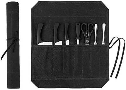 Knife Roll, Chef's Knife Roll Bag, Heavy Duty Waxed Canvas Knife Bag With 7 Slots (Black) by Denifiter