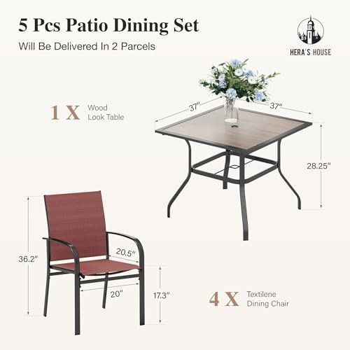 HERA'S HOUSE Patio Dining Set for 4, Wood-Look Metal Table, Red Chair - Image 6
