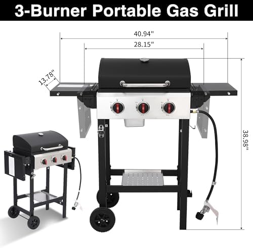 Propane Gas Grill with Folding Side Tables, 3-Burner Gas Grill with Cast Iron Grates and Stainless Steel Griddle Pan, Outdoor BBQ Grill Portable with Wheels 30,000 BTU Output - Image 6
