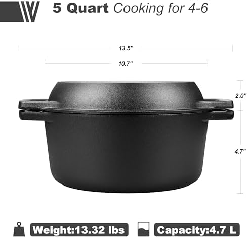 VORRINGARD Pre-seasoned Cast Iron Double Dutch Oven Pot with Skillet Lid, Dual-handle, for Bread Baking, Outdoor, Campfire Cooking, 5 Quart - Image 3