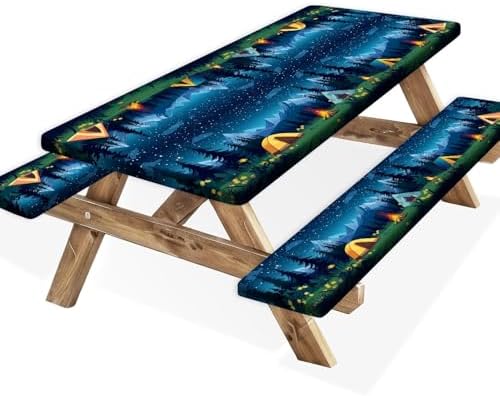 Camping Picnic Table Cover with Bench Covers, Camping Essentials, Forest Campfire Tent Flowers Outdoor Table Covers, Waterproof Windproof, Fitted Tablecloth Cover with Elastic Edge, 3 PCS, 30x96 Inch by Xguatan