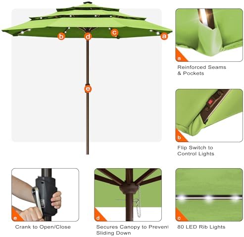 EliteShade USA 10-Year-Non-Fading 10ft 3-Tier Market Patio Umbrella, Commercial Table Umbrella with 80 Solar LED Lights, Crank Open, Windproof & UPF 50+ UV Protection for Garden, Deck, Pool, Backyard, No Tilt, Macaw Green - Image 5