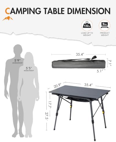 Portal Outdoor Folding Portable Picnic Camping Table with Adjustable Height Aluminum Roll Up Table Top Mesh Layer, Dark Gray - Image 2