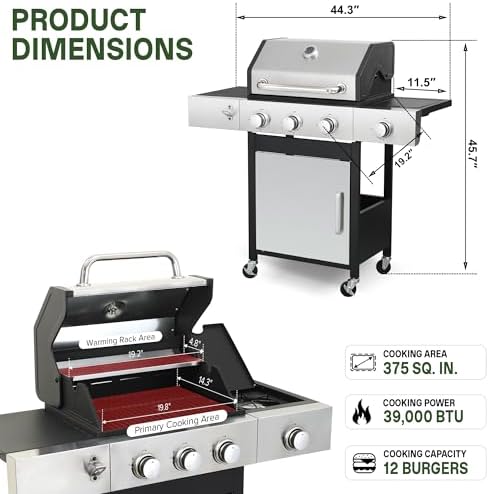 3-Burner Propane Gas Grill with Side Burner, 39,000 BTU - Image 2